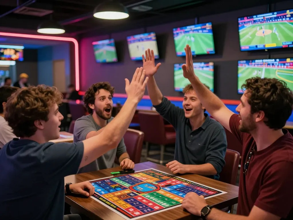 Engaging scene of LGOGOAL bettors celebrating a win in a lively sports betting lounge.