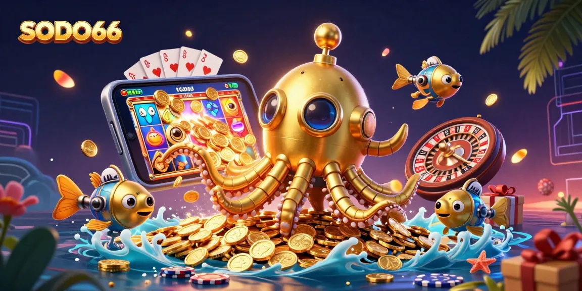 SODO66 players celebrate wins with themed 3D casino elements and golden coins, illustrating vibrant gaming action.