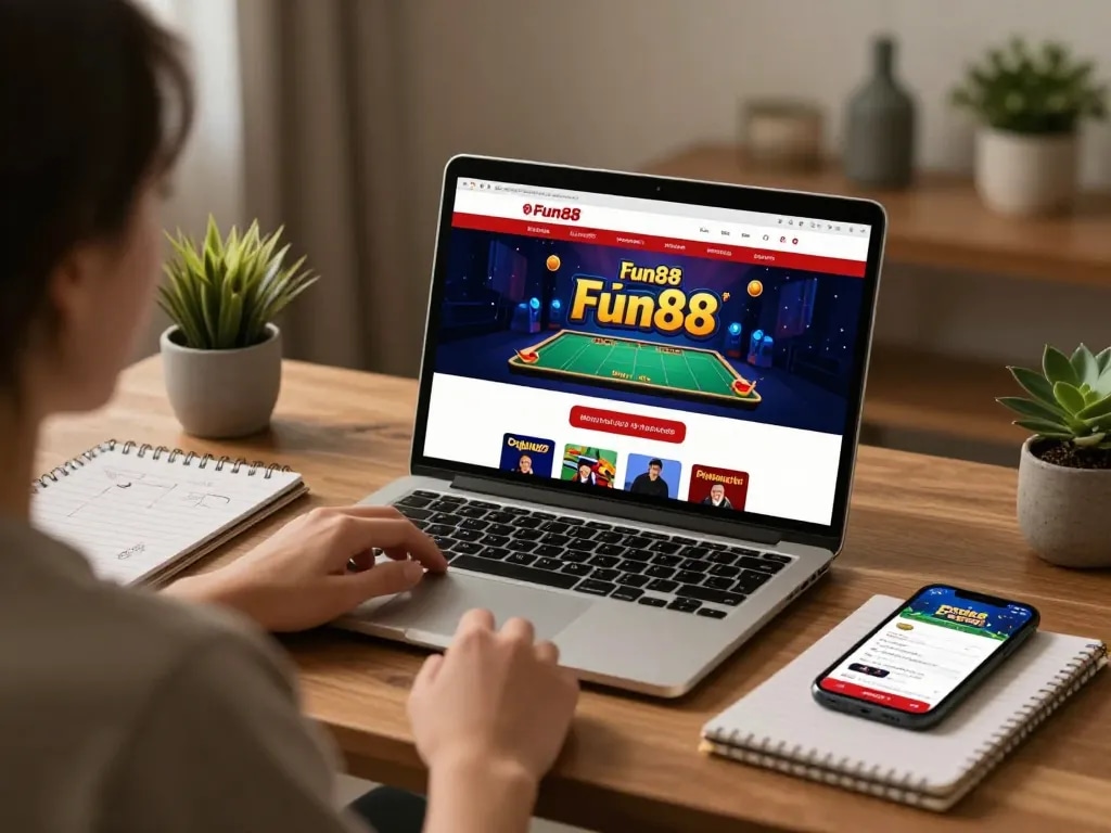 Engaging with Fun88's online casino on a laptop in a cozy home office.