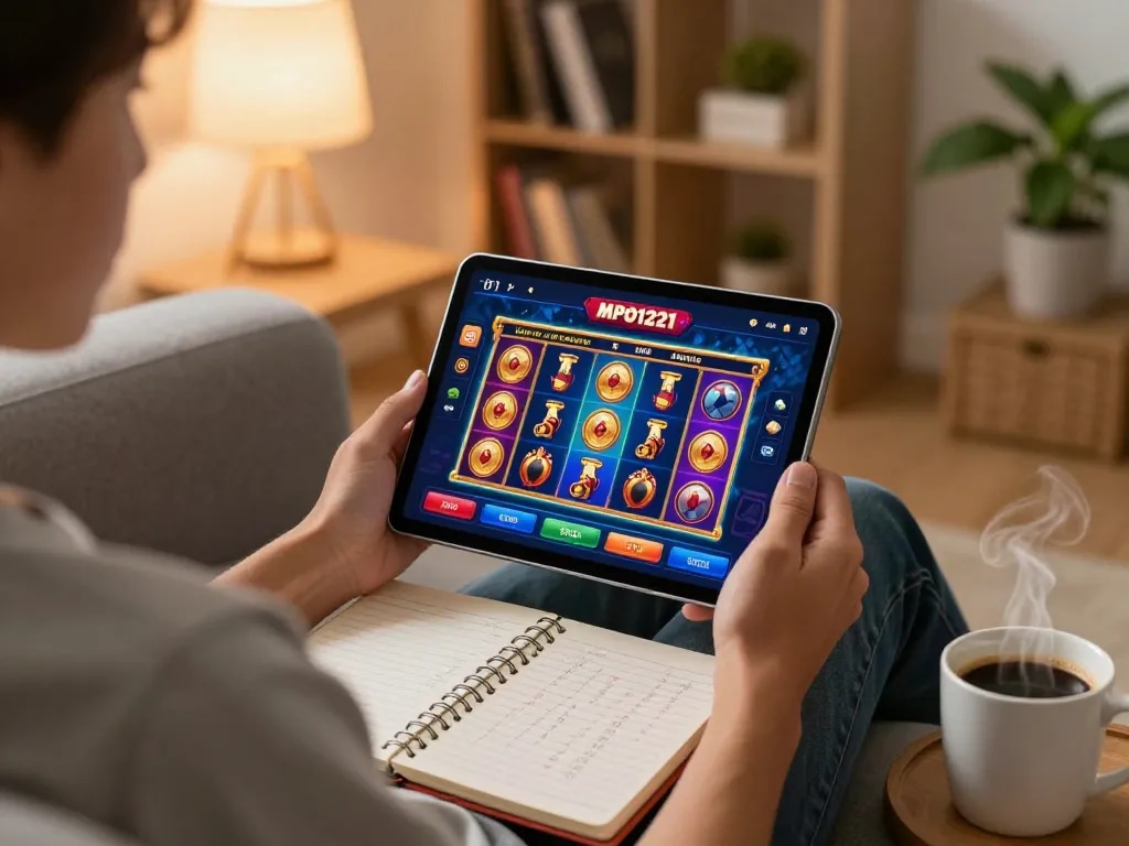 MPO1221 berinteraksi dengan antarmuka permainan slot online sambil bersantai di rumah.