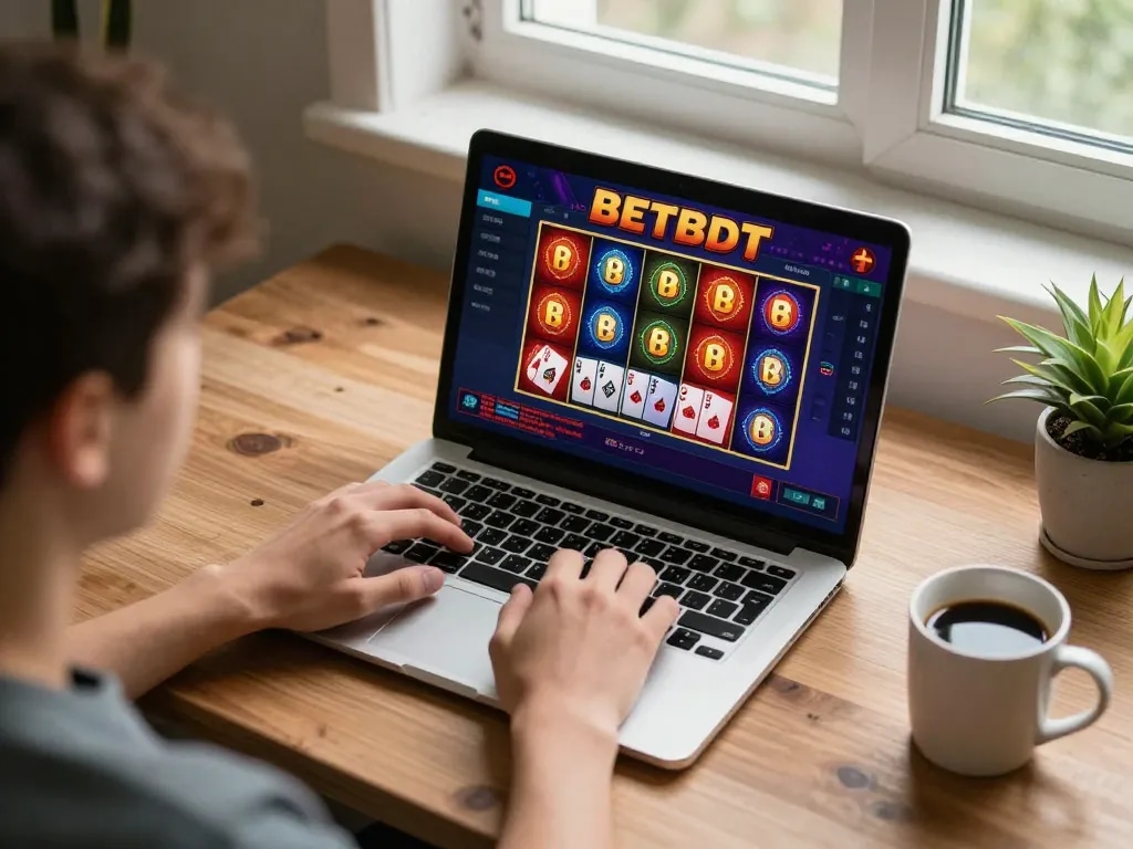 Engaged player enjoying online casino games at https://betbdt.art on their laptop in a cozy setting, emphasizing responsible gaming.