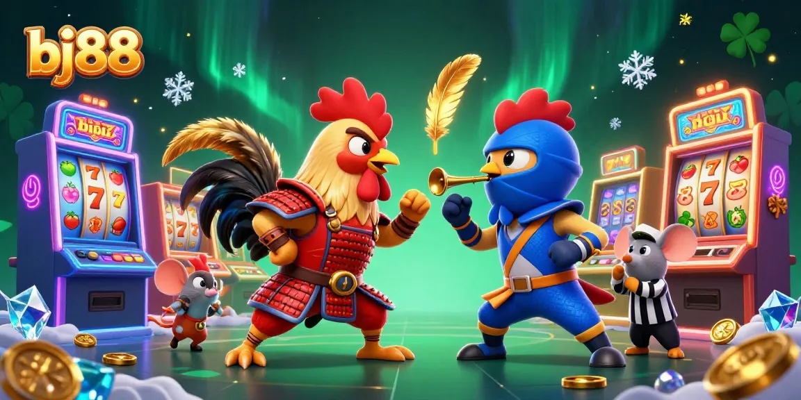 Engage with bj88's exciting gameplay featuring fighting roosters in an online casino slot scene.