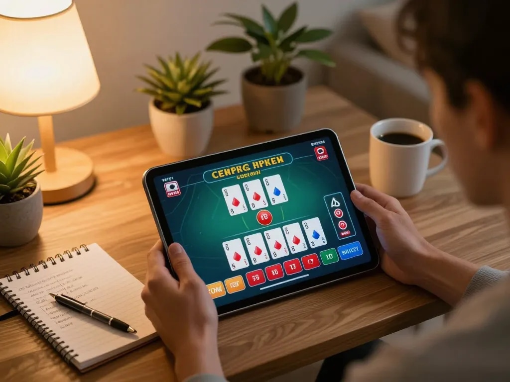 Engaged gamer enjoying llwin's live blackjack experience from home, showcasing strategic gaming.