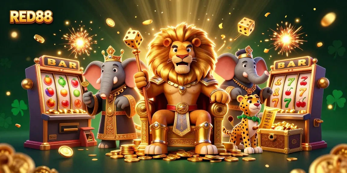Experience thrilling slots and jackpots at RED88 casino, with vibrant characters and dynamic game elements.