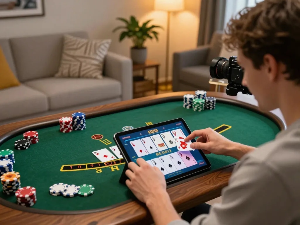 Player enjoying a game of 9bet blackjack on a tablet in a cozy home environment