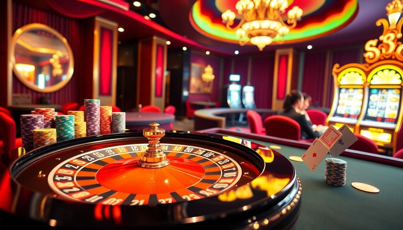 Experience the thrill of casino gaming at 88aa with vibrant roulette, poker chips, and cards.
