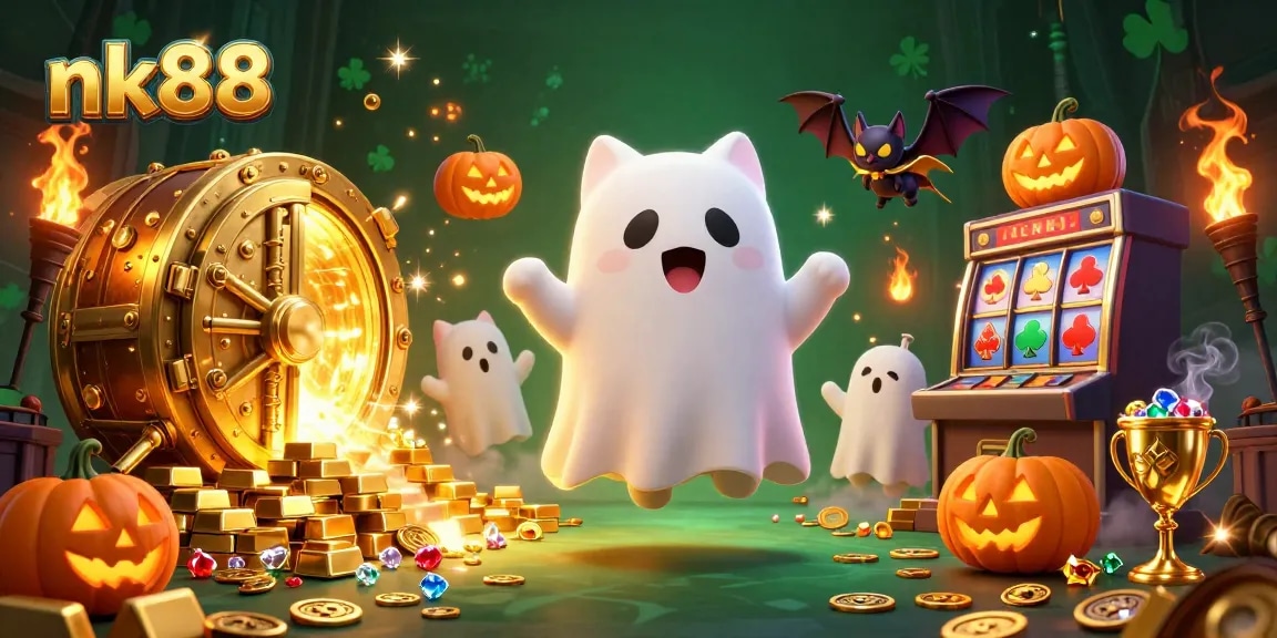 Join the excitement at nk88 with a ghost cat and vampire bat in a dazzling casino scene.