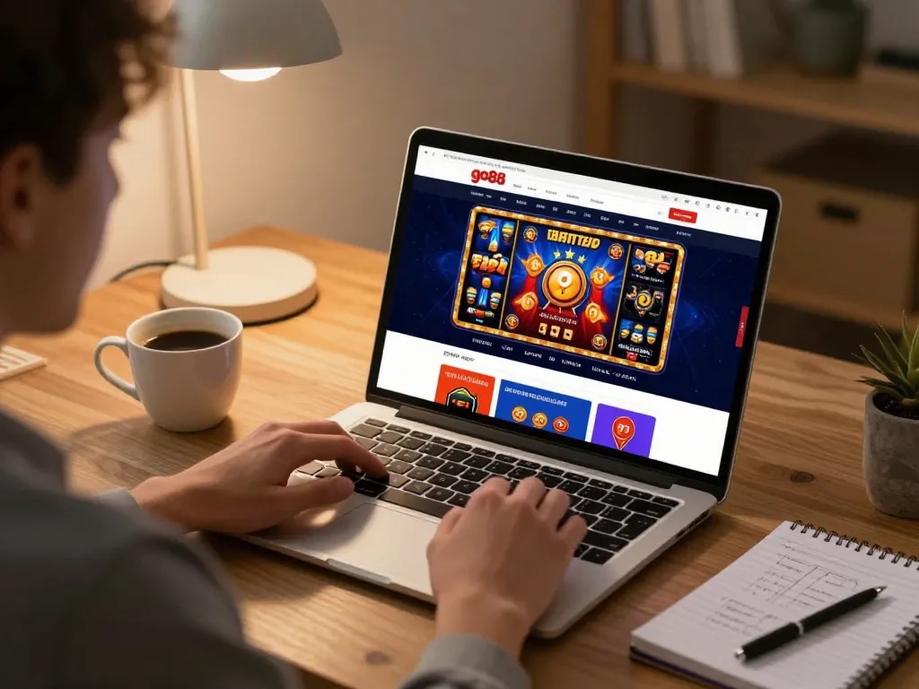 Player using go88 for online gambling on laptop in a cozy home office setting.