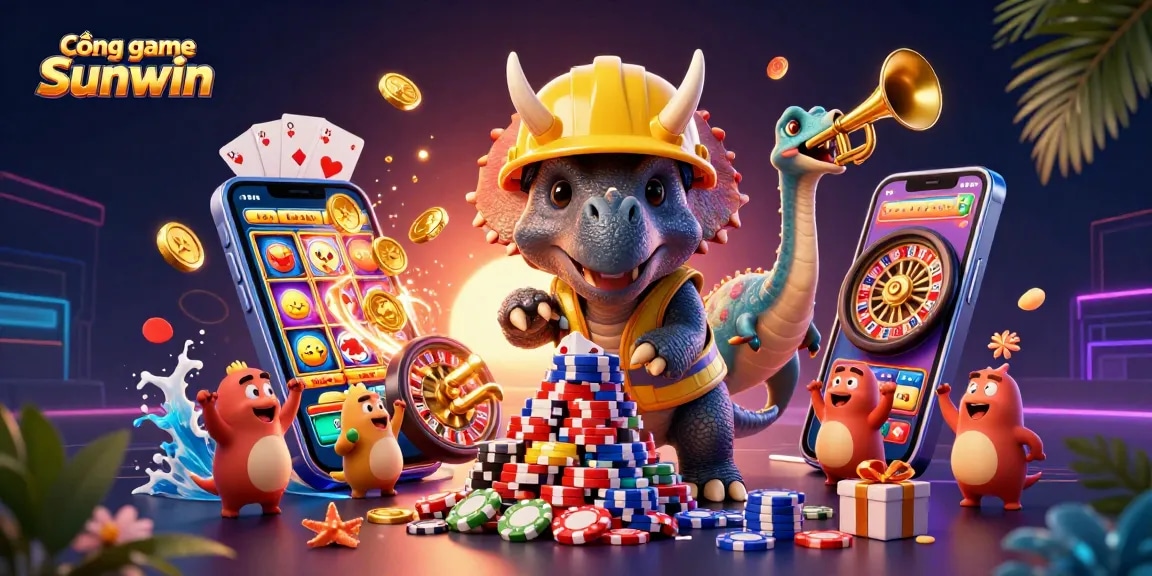 Cổng game Sunwin features a lively scene with cartoon dinosaurs playfully engaging in a vibrant casino environment.