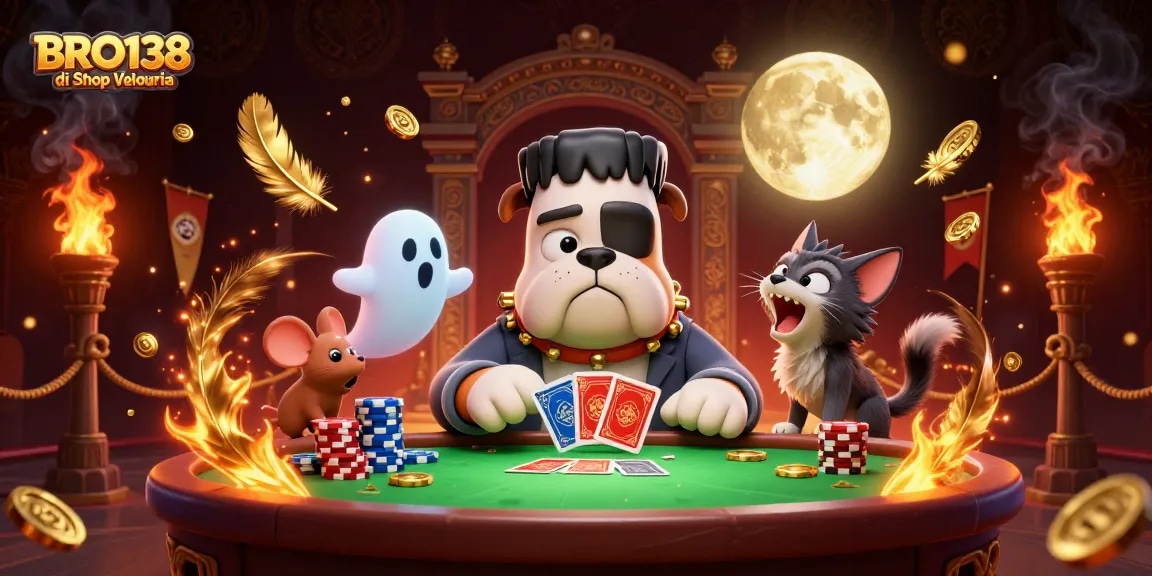 Experience thrilling slot action with BRO138 di Shop Velouria featuring a lively scene of gambling characters.