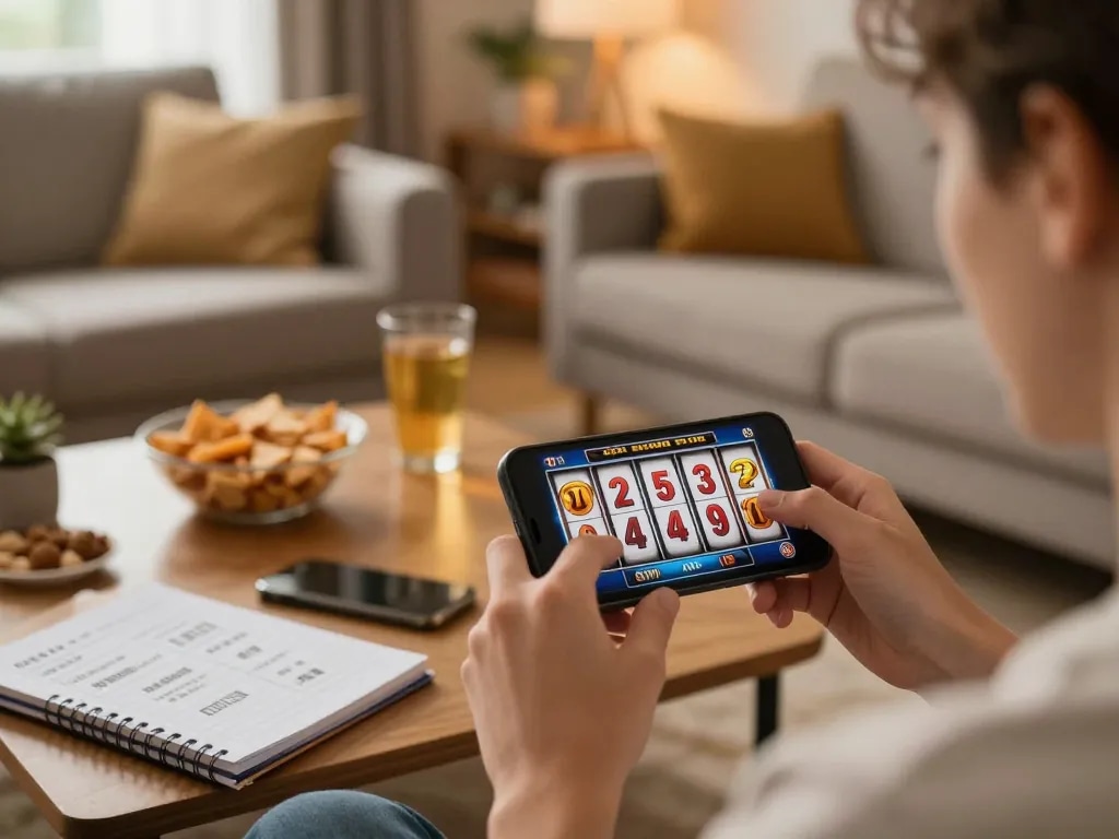 Engaged player spinning reels on Jun88 mobile app during an inviting home gaming session.