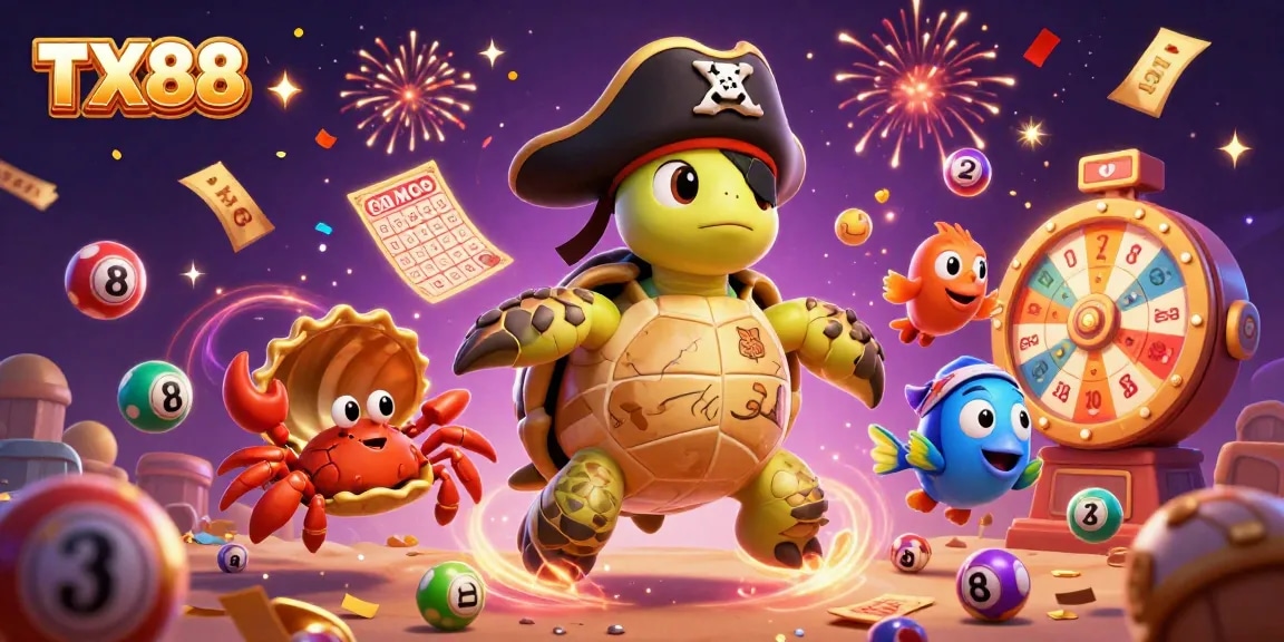 Engage in vibrant TX88 lottery excitement with colorful balls and treasures in this lively 3D scene.
