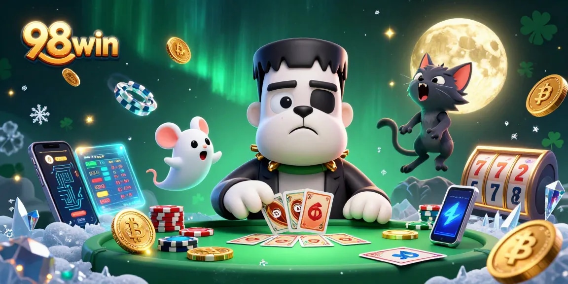 Experience thrilling gaming action at 98win with a vibrant 3D illustration featuring card dealing and crypto elements.