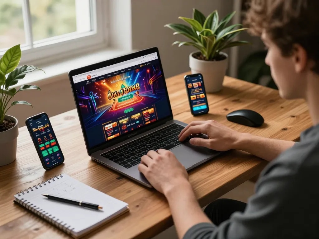 Situs Judi Online - Terlibat dalam permainan daring dengan antarmuka yang cerah di laptop dan smartphone.