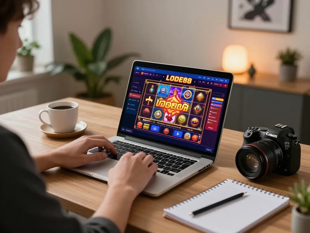 Engage with LODE88 online slots on a stylish home office setup for exciting strategy.