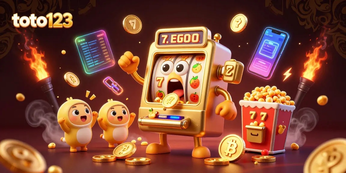 Toto123 players experience thrilling jackpots as golden slot machines celebrate wins with vibrant coins.