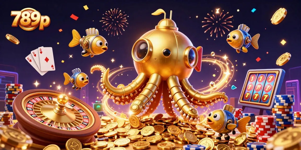 Experience the thrilling world of 789p with a golden kraken submarine amidst cascading coins.