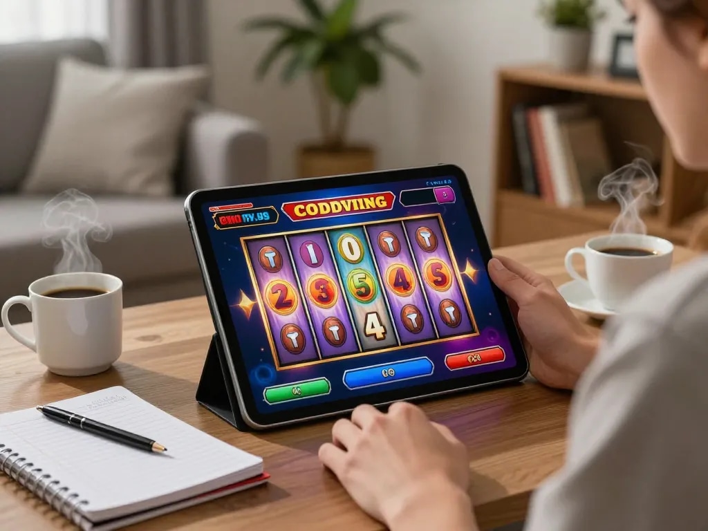 Person playing slots online at home, enjoying engaging gaming experience with imcatherinemcgrath.