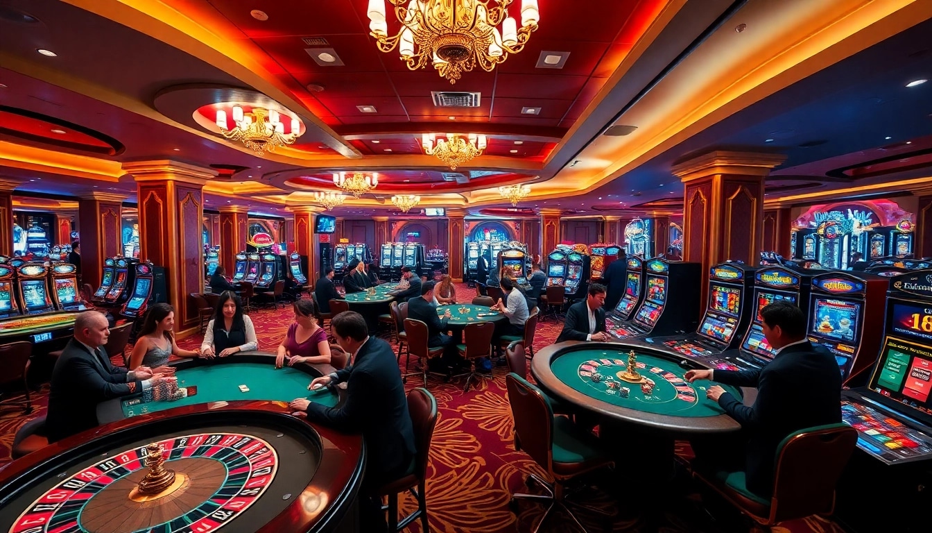 Experience thrilling gambling excitement at https://f1686s.com/ with a vibrant casino scene featuring players at roulette and poker tables.