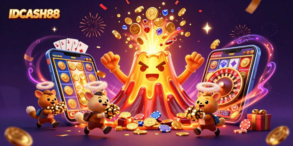 Experience thrill with IDCASH88's vibrant gaming world, showcasing a glorious eruption of treasure!