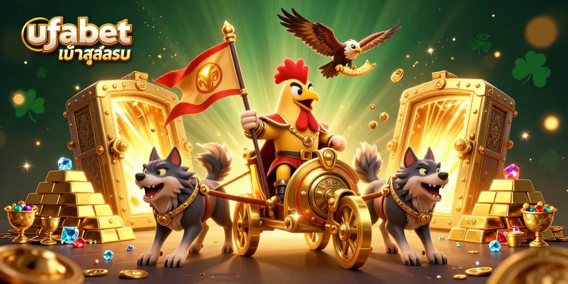 Experience ufabet เข้าสู่ระบบ action with a dynamic scene featuring a rooster warlord and treasure galore.
