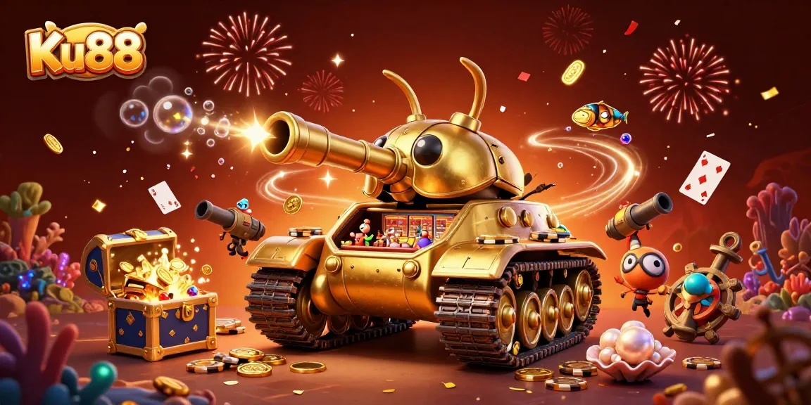 Experience the excitement of Ku88 with a golden tank casino surrounded by treasure and games!