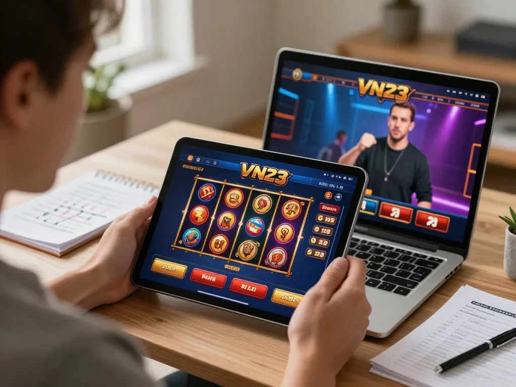 Experience online gaming excitement with VN23 app interface showing vibrant slot reels and user engagement.