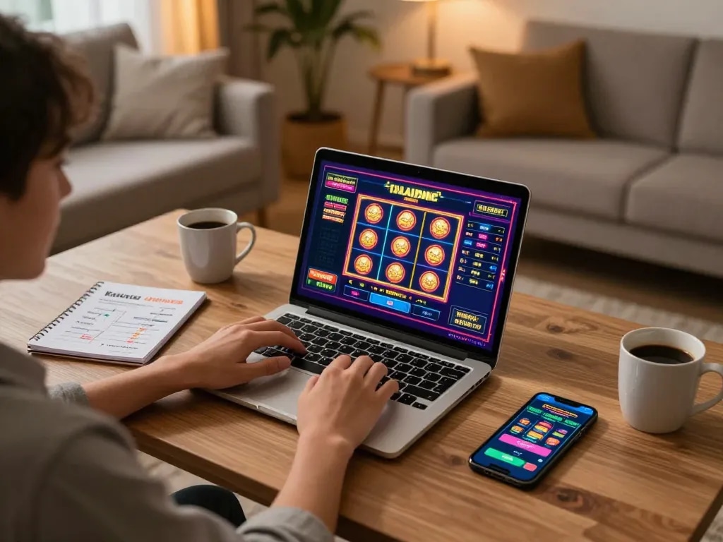 Engaged user enjoying online gaming at home with n188vip on laptop, showcasing a relaxed atmosphere.
