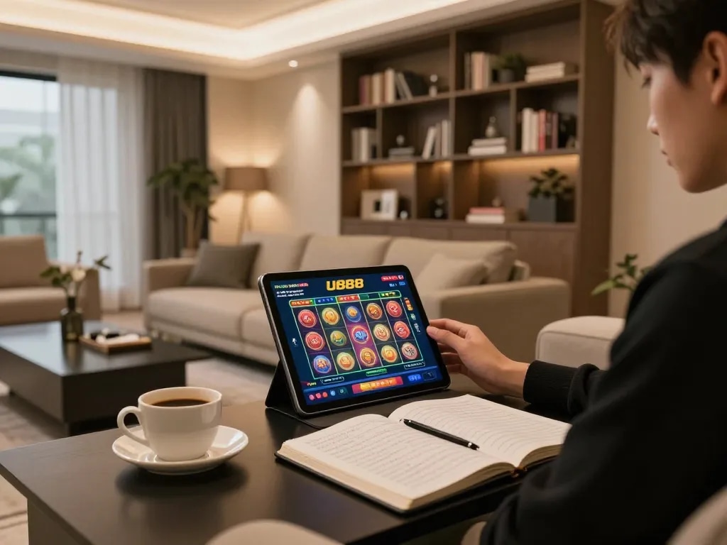 Player engaging with U888 mobile app showcasing vibrant slots on tablet in cozy home setup