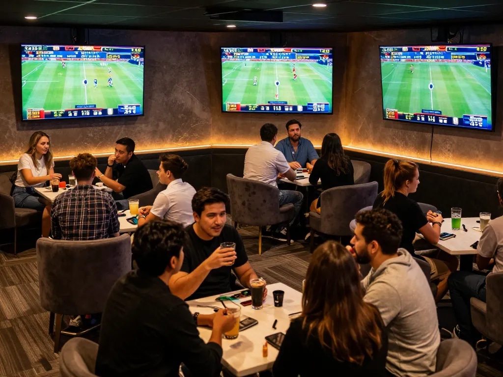 Betting enthusiasts cheer during a thrilling 7m sports game, surrounded by screens and excitement