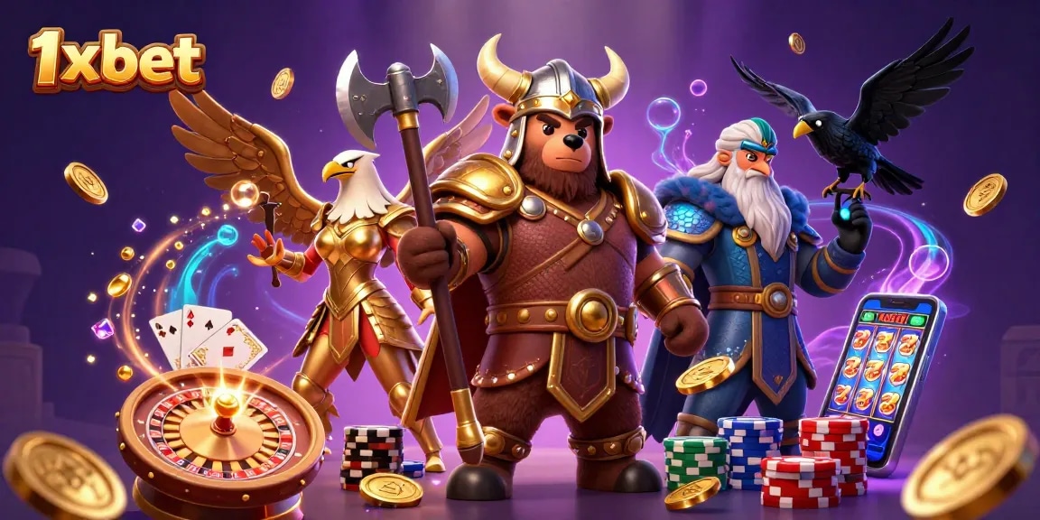 Engage with thrilling scenes at 1x bet featuring Viking bear and Valkyrie eagle amid casino excitement.