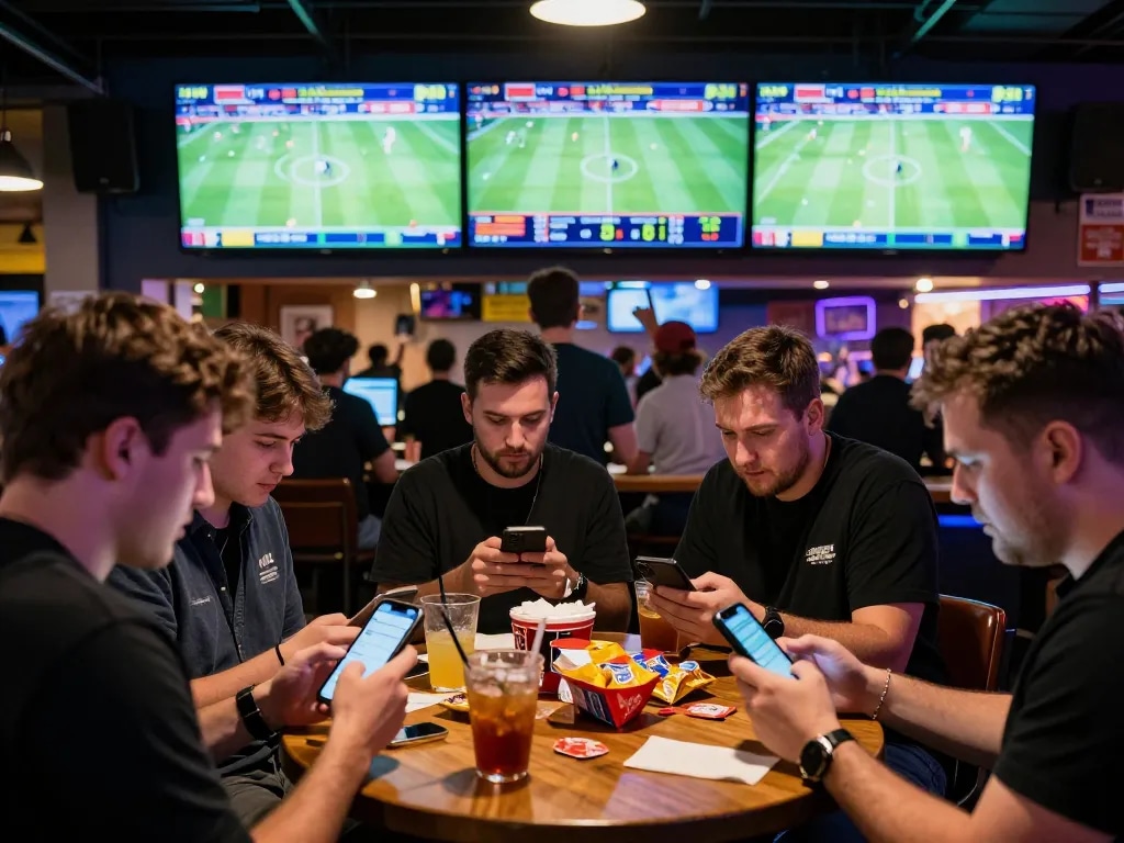 Engaged bettors analyzing statistics on smartphones while placing bets at a reputable nhà cái uy tín sports bar.