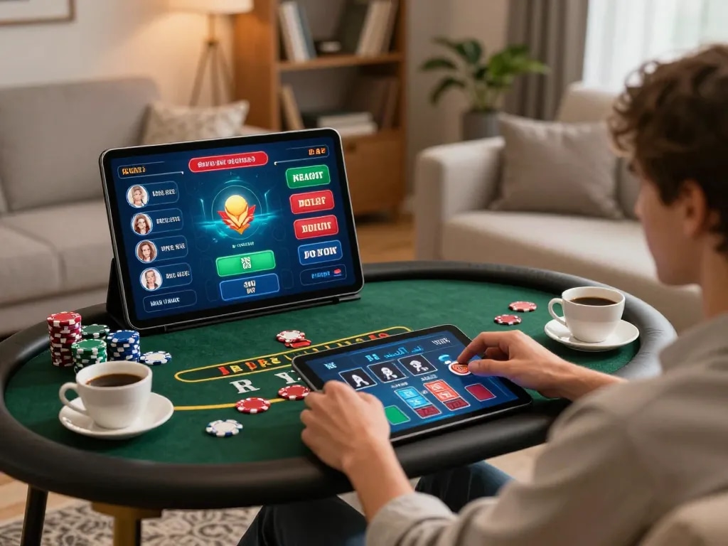 Player enjoying sun win games on tablet at home with relaxing ambiance and strategic betting.