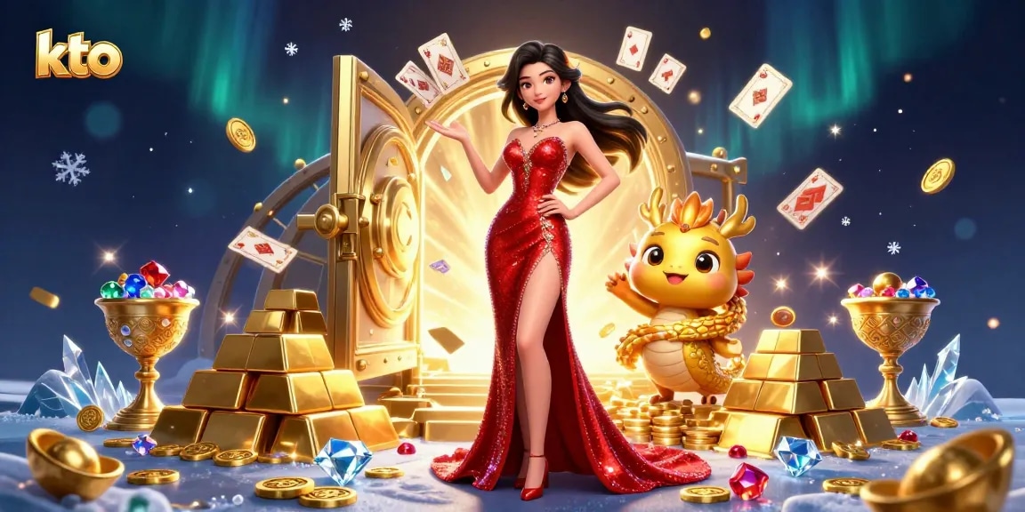 Experience thrilling gambling with kto in a vibrant casino scene featuring a glamorous lady and golden treasures.