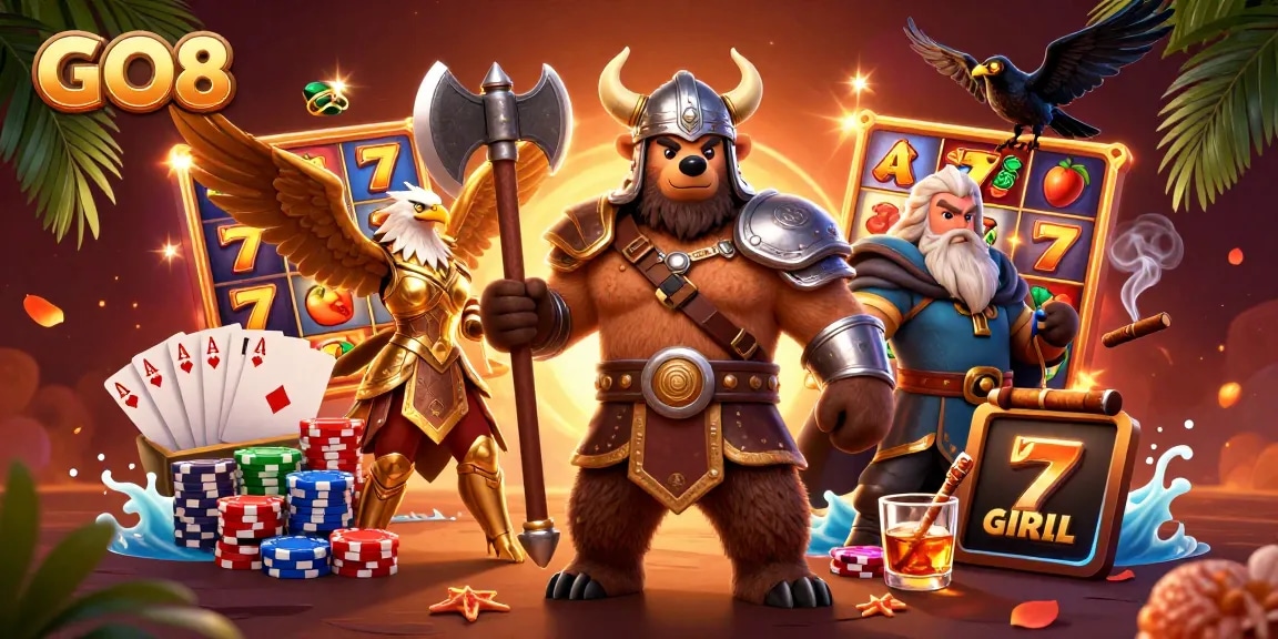 Engage in the vibrant world of GO8 slots with a thrilling 3D casino scene featuring dynamic action.