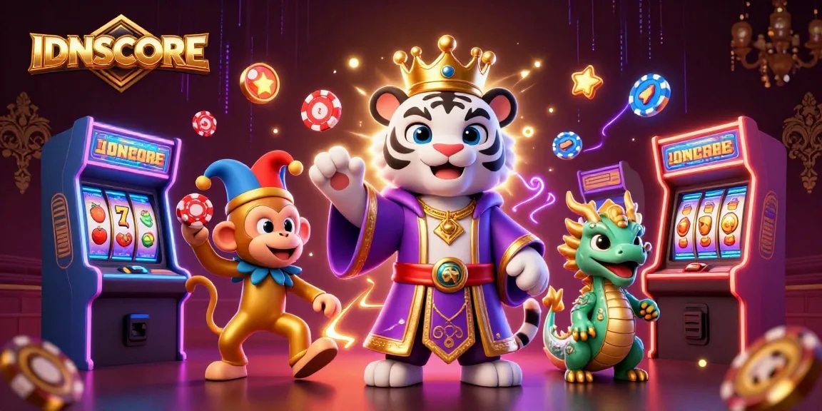 Experience the thrill of IDNSCORE with playful characters amidst lively gaming elements.