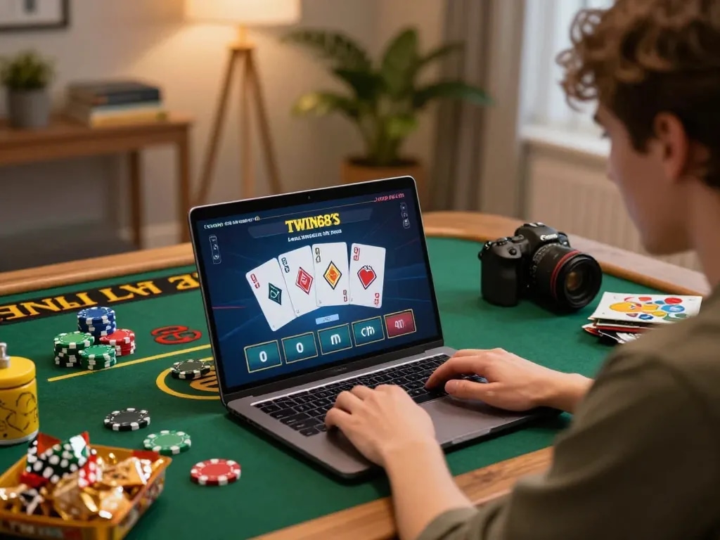TWIN68 player engaging in live dealer casino game on a laptop in a cozy home setting.