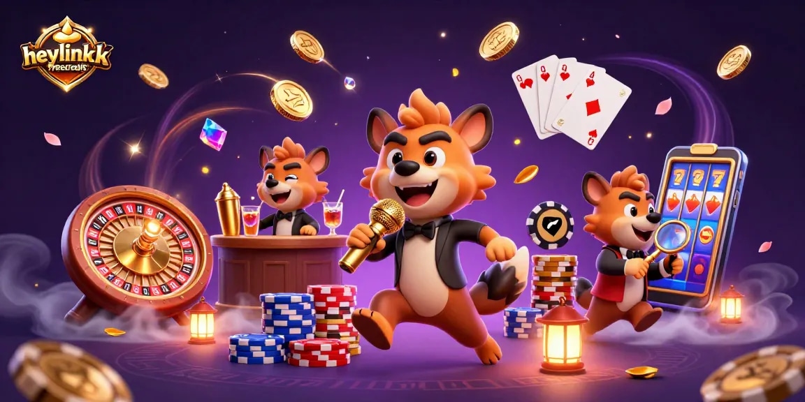 Join the fun at heylinkfreecredit's vibrant comedy casino with lively hyenas and exciting gaming elements.