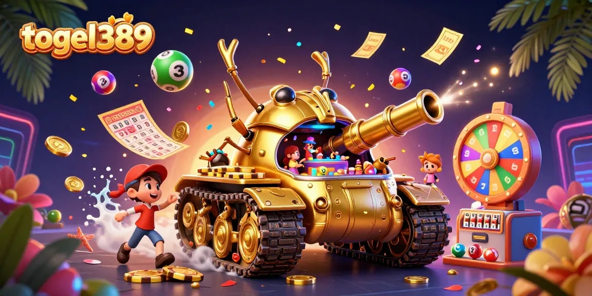 Engage with togel389 in this vibrant 3D illustration of a miniature casino in a golden beetle tank.