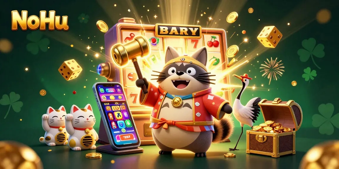 NoHu players celebrate the jackpot explosion in a vibrant 3D casino scene filled with lucky symbols.
