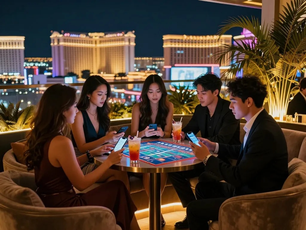 Friends reviewing tỷ lệ kèo nhà cái hôm nay while enjoying cocktails in a glamorous Vegas bar.