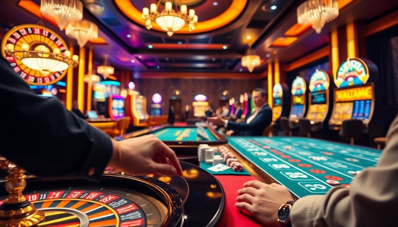 A casino game scene with players enjoying poker and roulette tables at https://goal123q.com/, emphasizing excitement and luxury.
