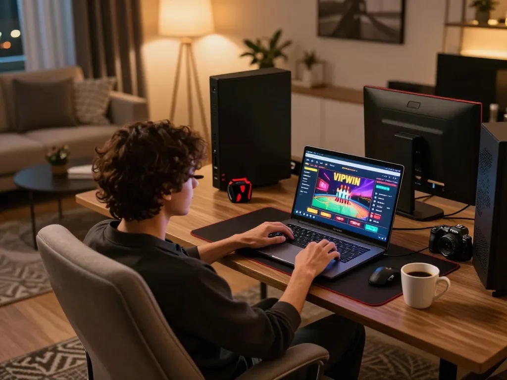 Engaging in strategy gameplay on VIPWIN's casino interface at home.