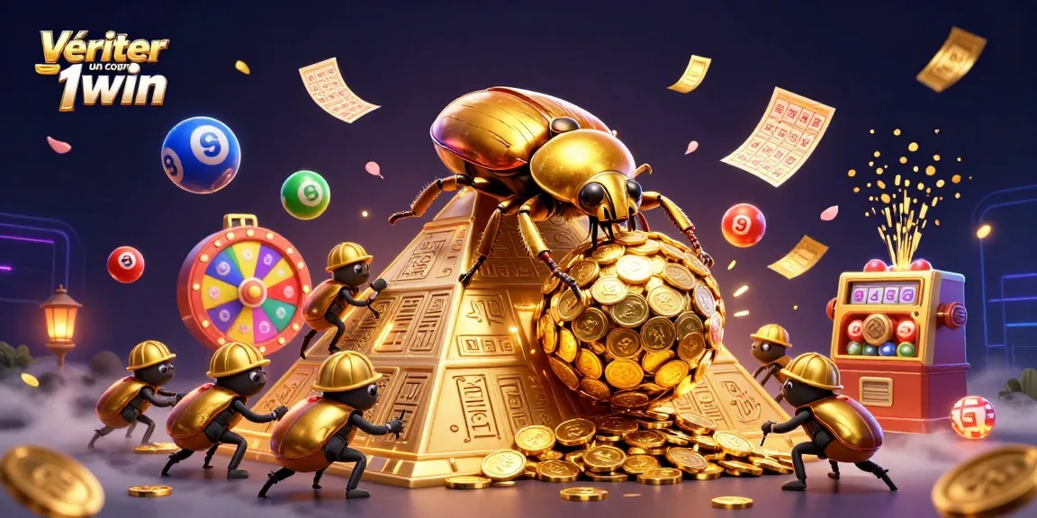 Vérifier un coupon 1win avec un scarabée doré et des éléments de casino animés.