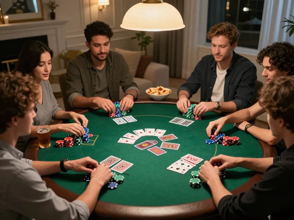 Friends playing poker night with NK88 app on the table, vibrant atmosphere and strategic discussions.