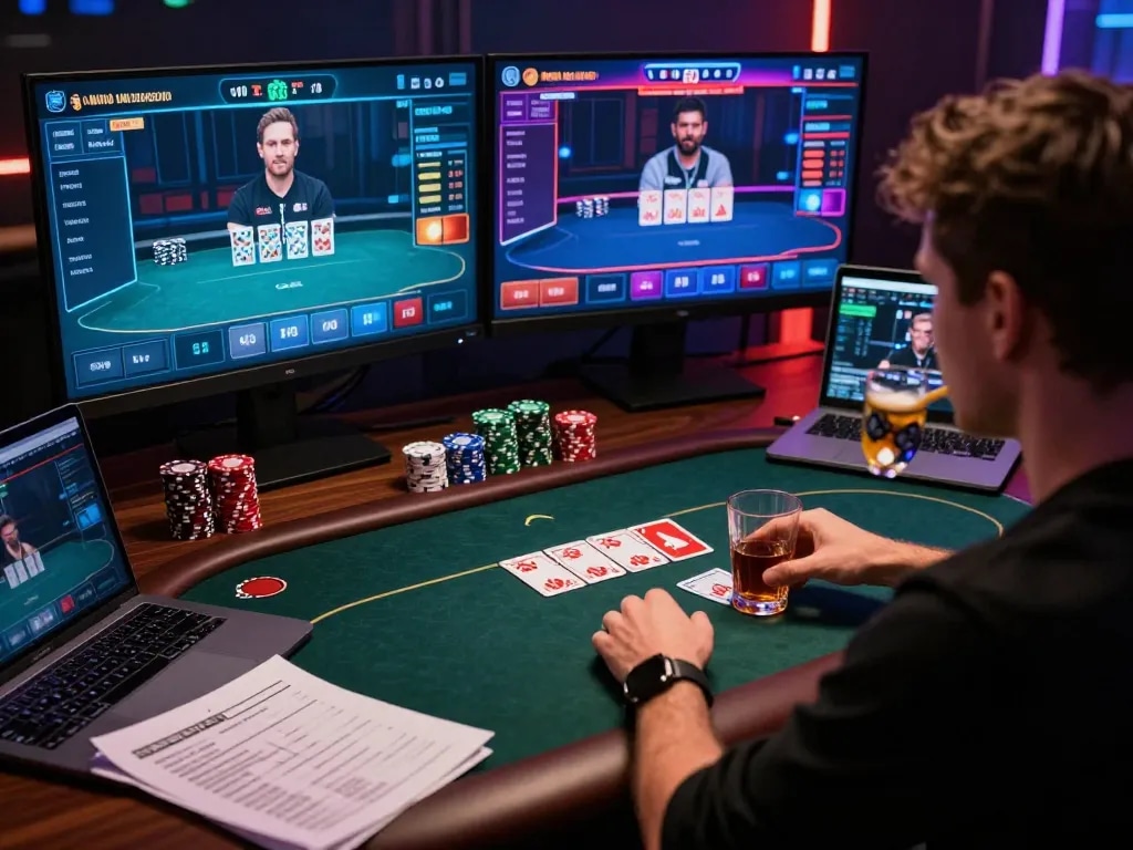 Engaging player strategizing in a fabet online poker game during a focused session