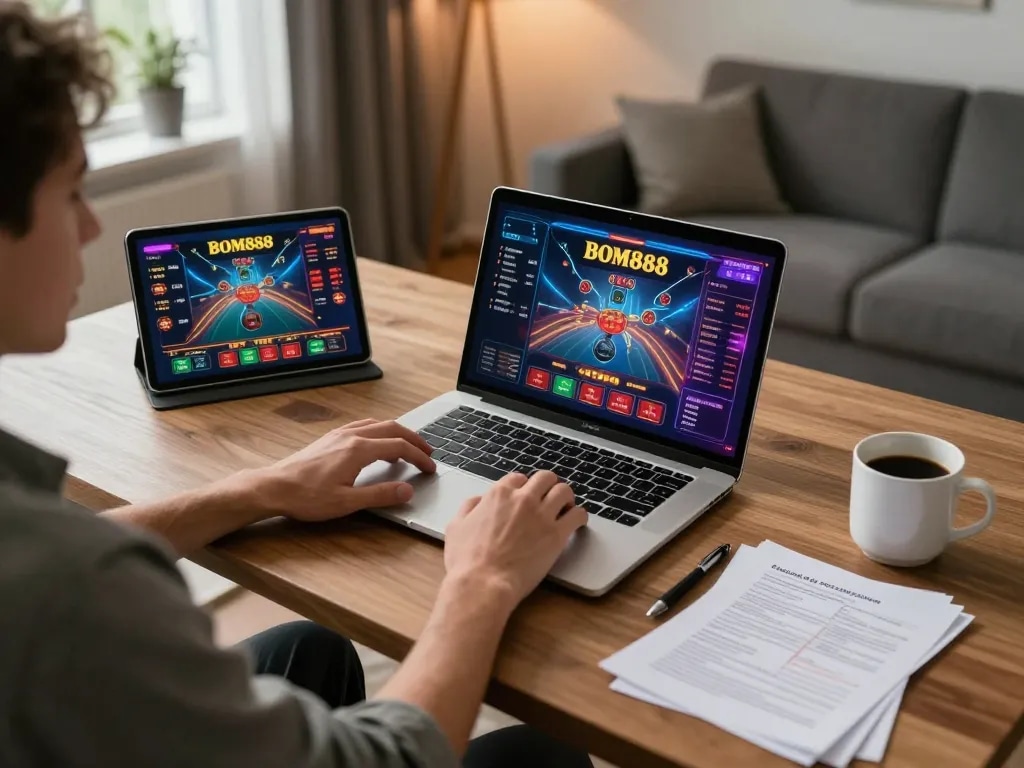Pemain BOM88 terlibat dalam permainan online di ruang kerja yang stylish dengan catatan strategi.