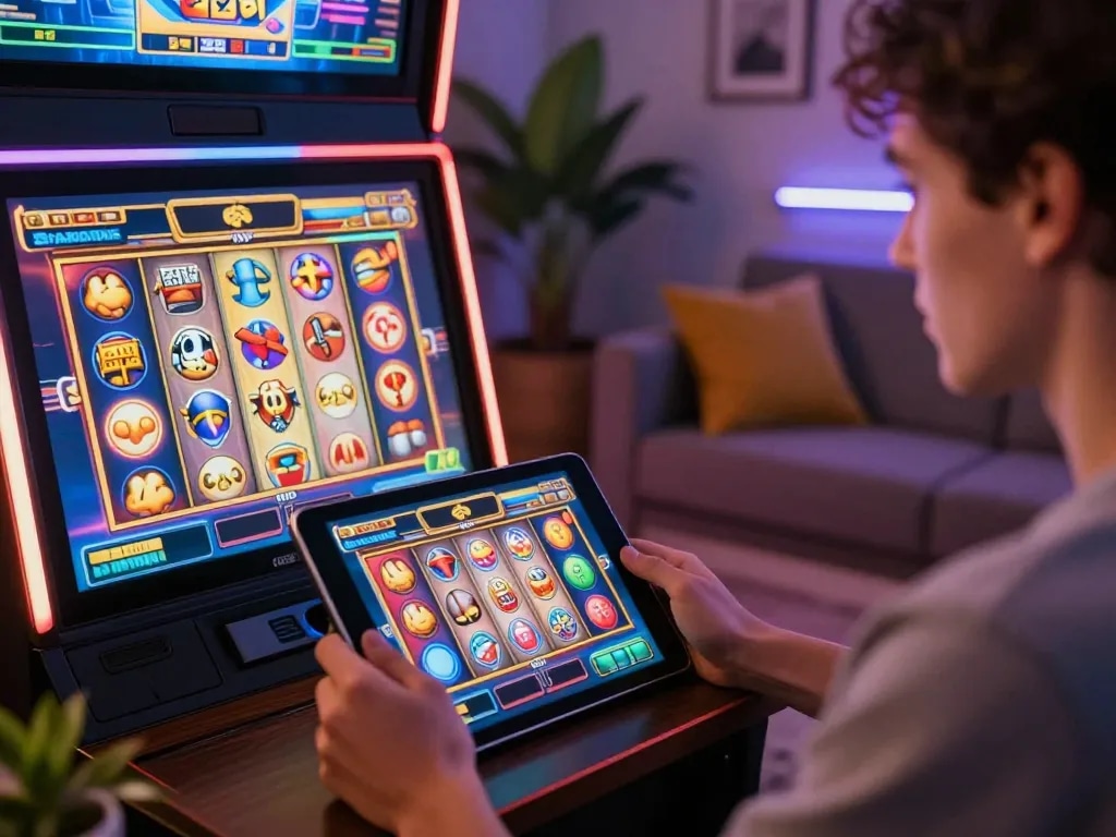 Player enjoying an exhilarating session of online slots through veggievisiondating platform, engaged and focused.