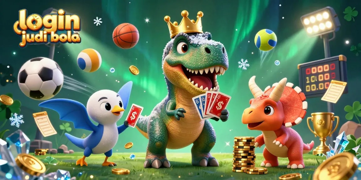 Engage in strategic gaming with login judi bola featuring a dinosaur and sports elements in a vibrant 3D scene.
