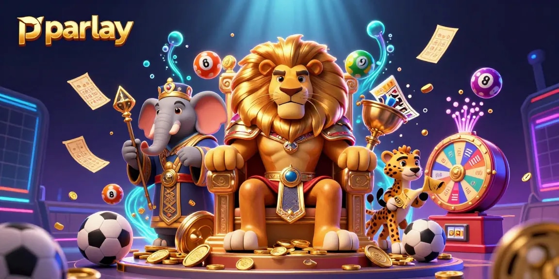 Experience parlay betting excitement with a lion king, elephant advisor, and cheetah messenger in a vibrant casino scene.
